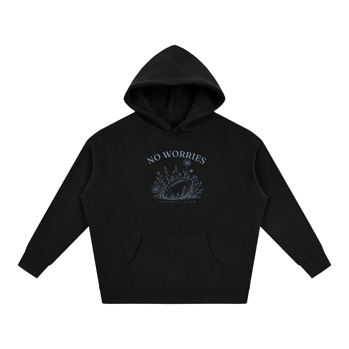 No Worries Football Club oversized hoodie – Black hoodie with Powder Blue design, front view