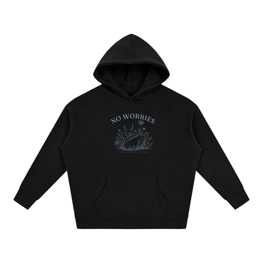 No Worries Football Club oversized hoodie – Black hoodie with Powder Blue design, front view
