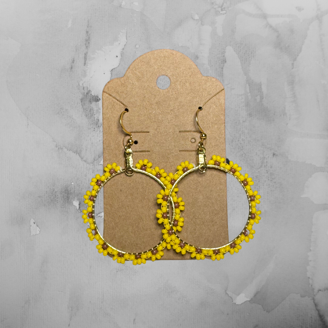 Flower Hoop Earrings - Yellow & Brown Sunflower