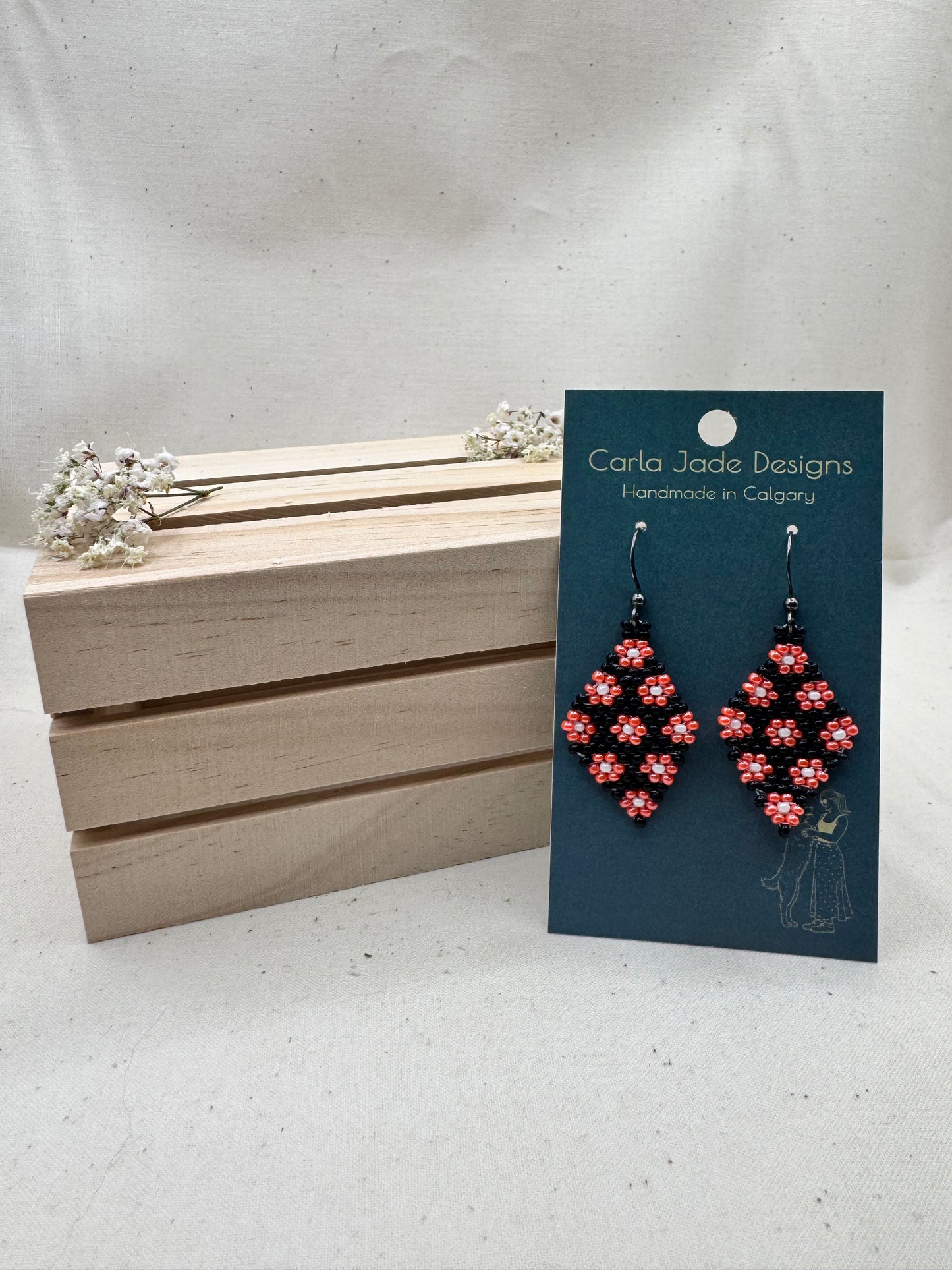 Flower Diamond Earrings - Orange and Black