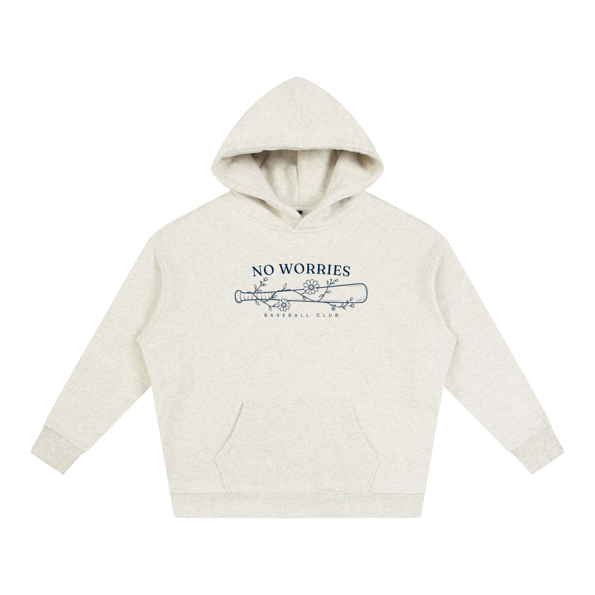 No Worries Baseball Club oversized hoodie – Oat Gray hoodie with Navy design, front view