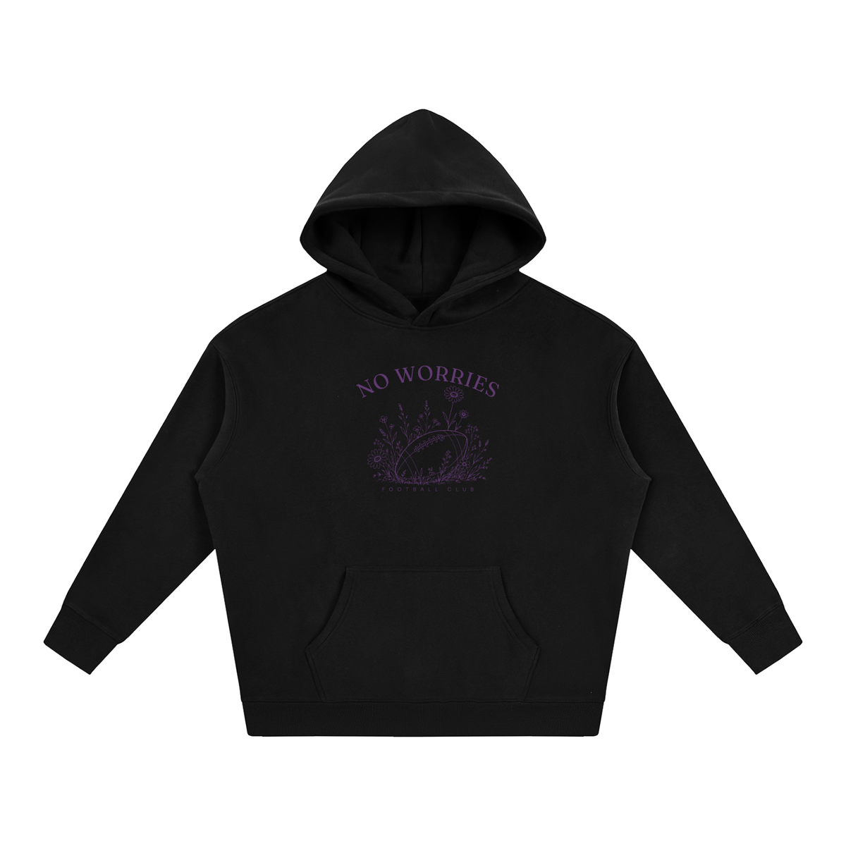 No Worries Football Club oversized hoodie – Black hoodie with Plum design, front view