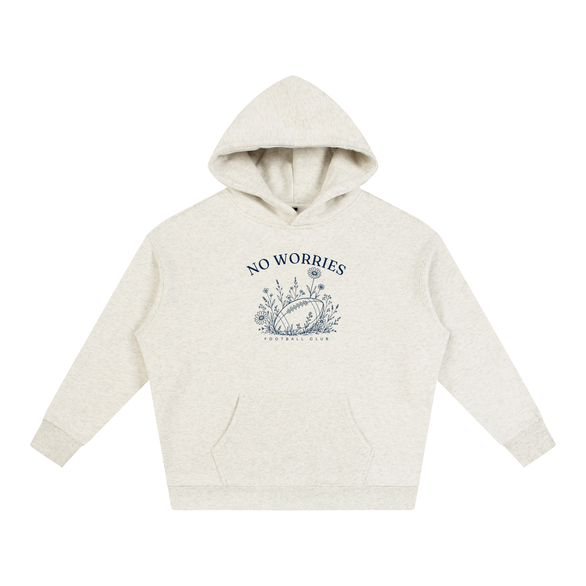 No Worries Football Club oversized hoodie – Oat Gray hoodie with Navy design, front view