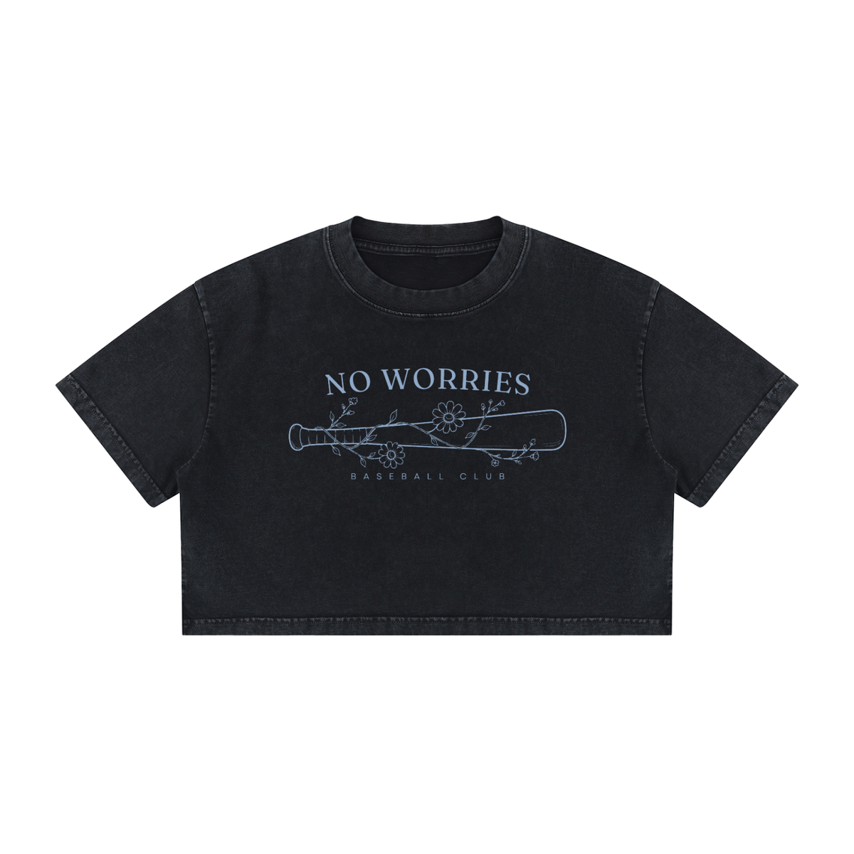 No Worries Baseball Club ladies’ cotton crop tee with blue artwork in Black – front view