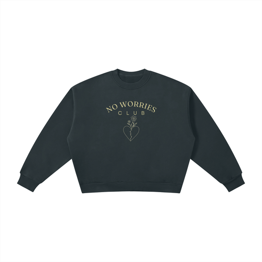 No Worries Club ladies’ oversized crewneck with buttercream artwork in Black – front view