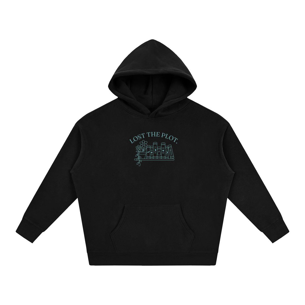 Lost the Plot oversized hoodie – Black hoodie with Turquoise design, front view