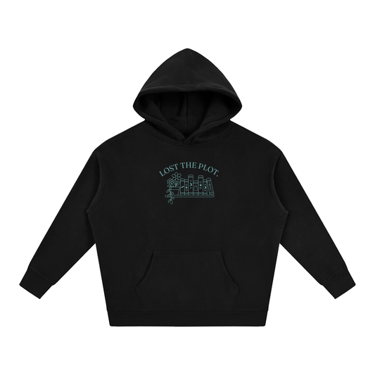 Lost the Plot oversized hoodie – Black hoodie with Turquoise design, front view