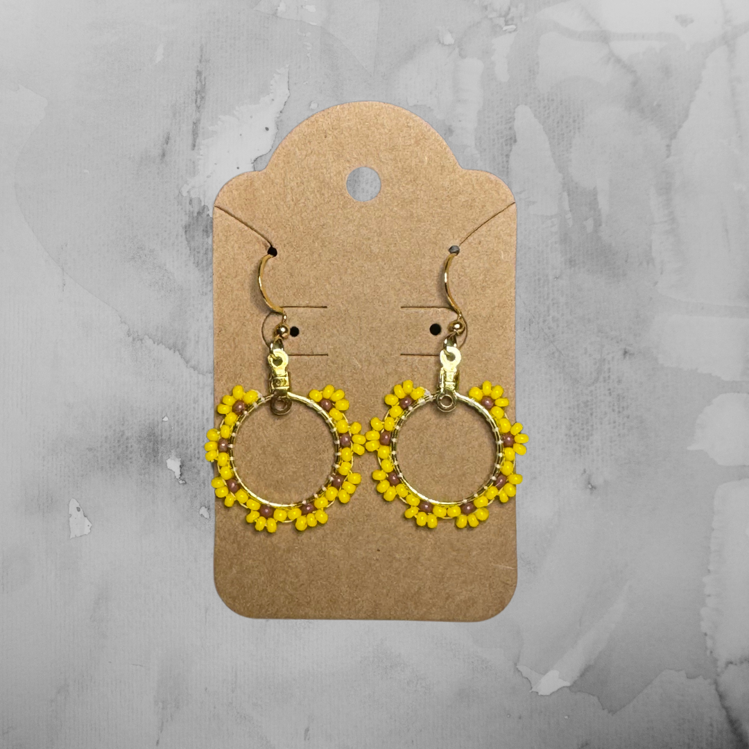 Flower Hoop Earrings - Yellow & Brown Sunflower