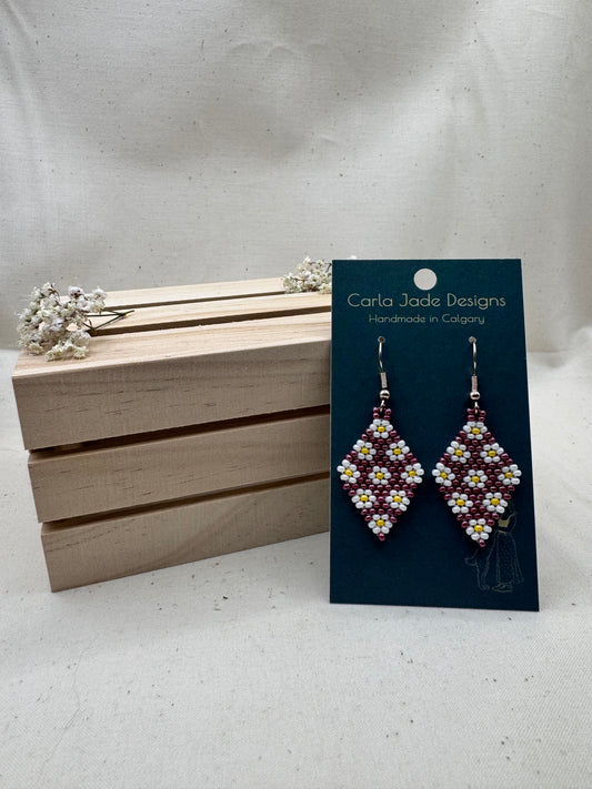 Flower Diamond Earrings - Maroon, White and Yellow