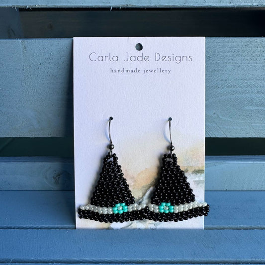 Witch Hat Earrings - Black, White & Turquoise