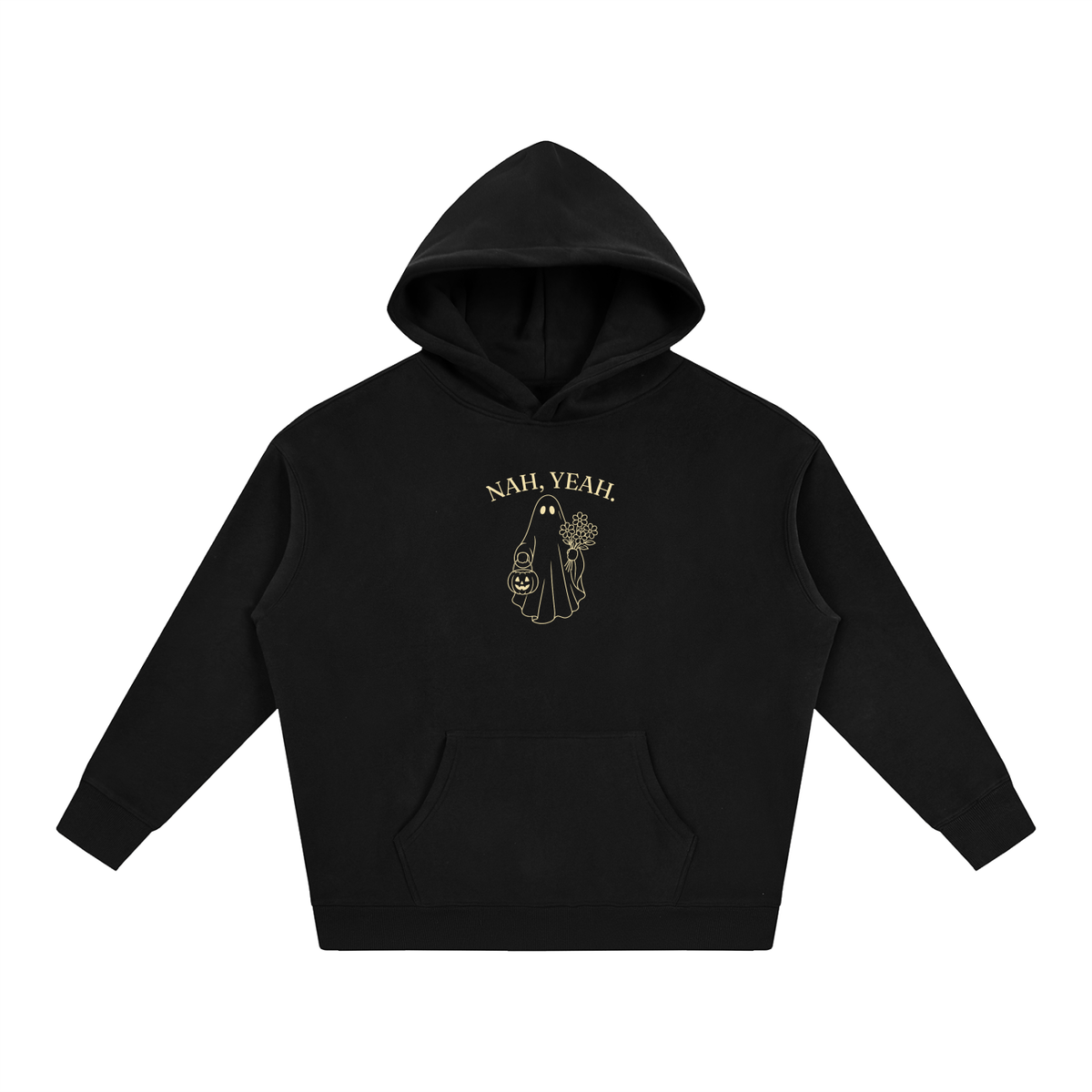 Nah, Yeah oversized hoodie – Black hoodie with Buttercream design, front view