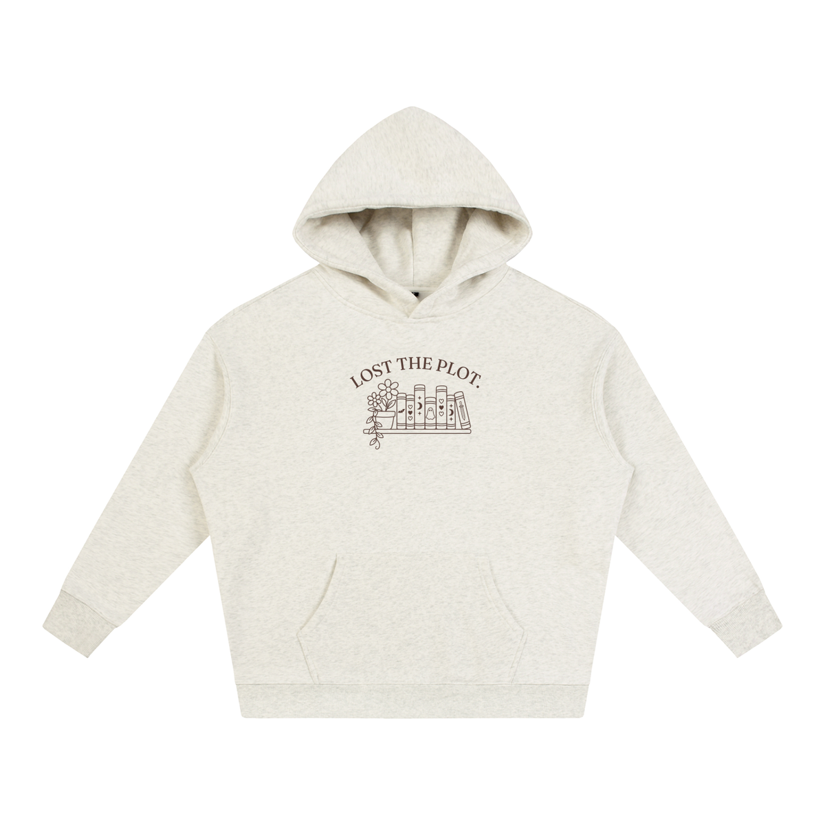 Lost the Plot oversized hoodie – Oat Gray hoodie with Espresso design, front view