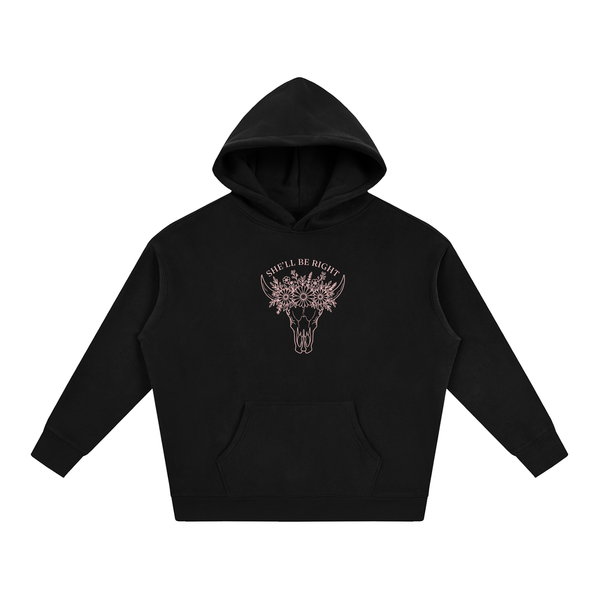 She’ll Be Right oversized hoodie – Black hoodie with Blush design, front view