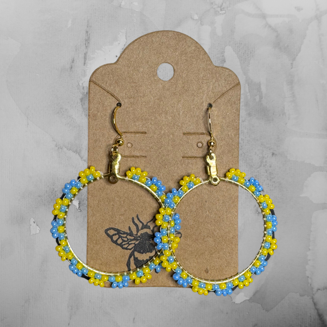 Flower Hoop Earrings - Blue and Yellow