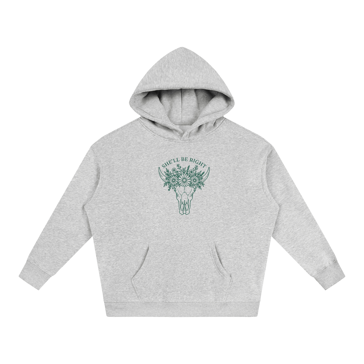 She’ll Be Right oversized hoodie – Flower Gray hoodie with Forest Green design, front view