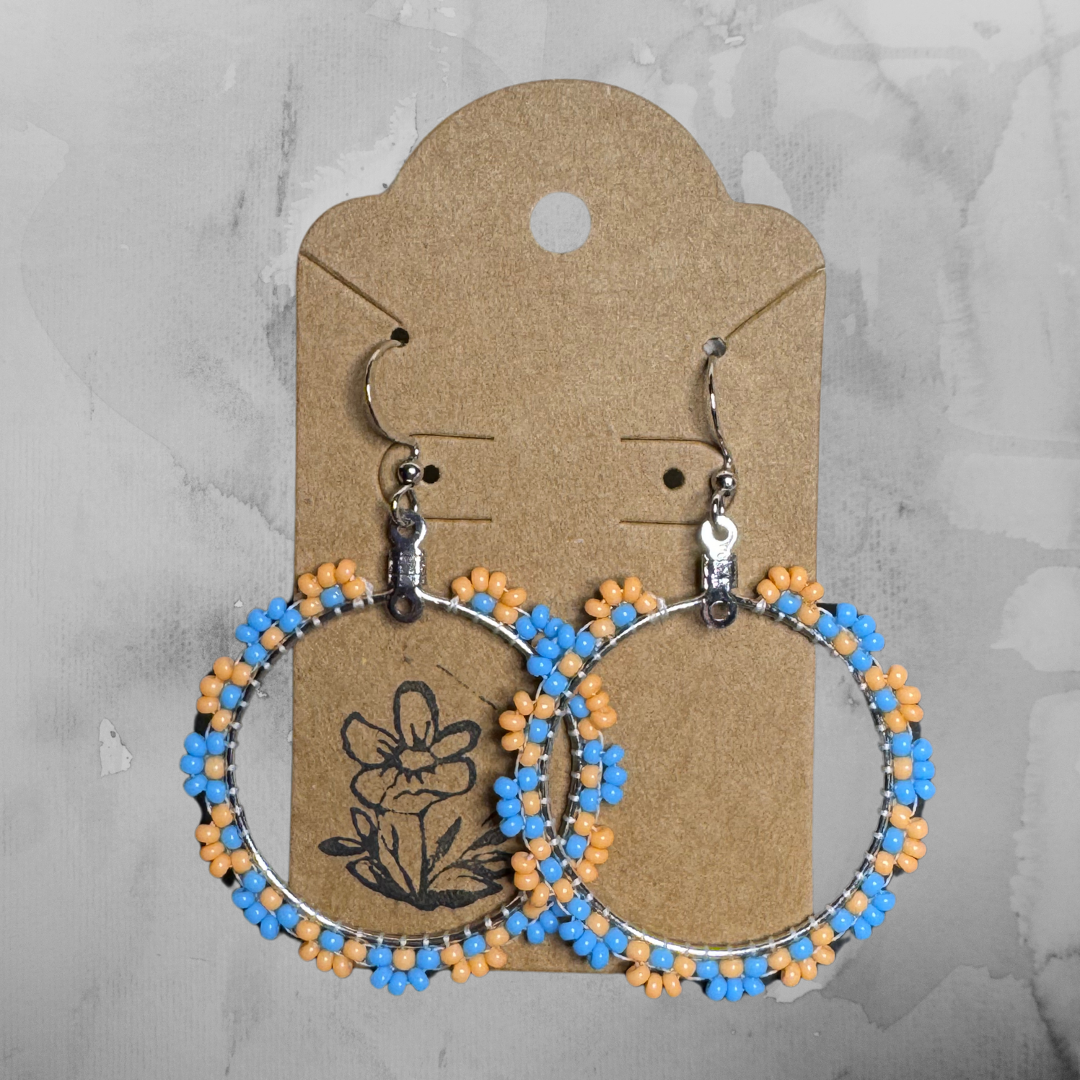 Flower Hoop Earrings - Blue & Orange