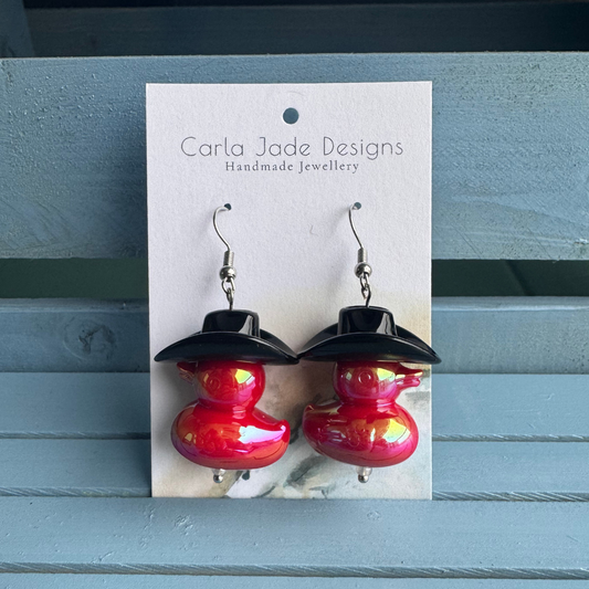Cowboy Duck Earrings - Black & Red