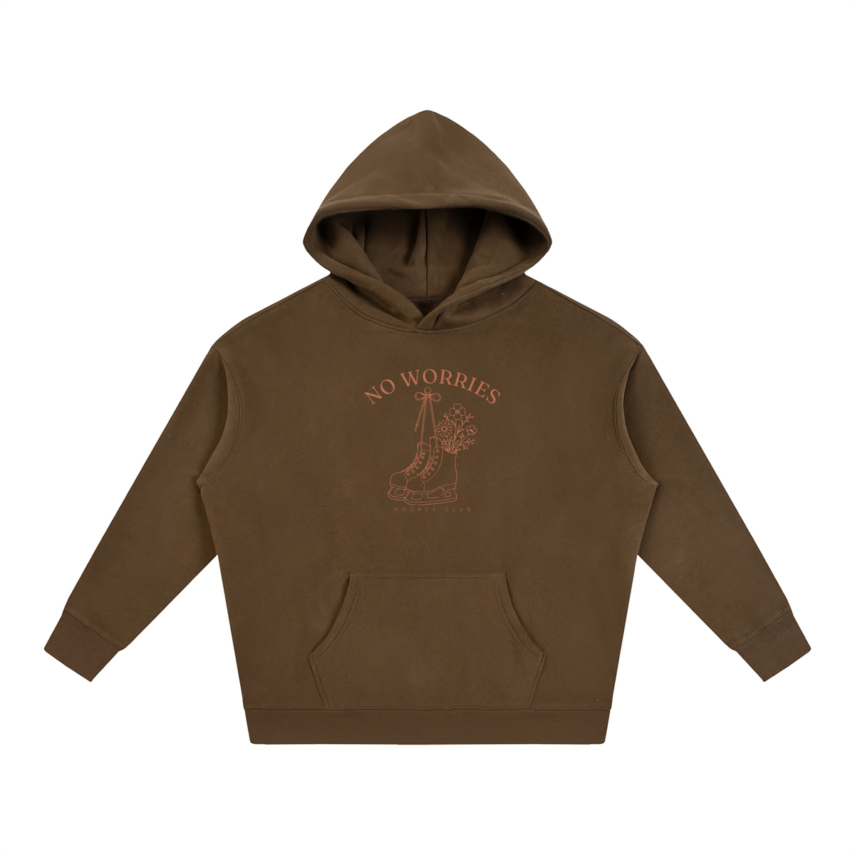 No Worries Hockey Club oversized hoodie – Coffee hoodie with Terracotta design, front view