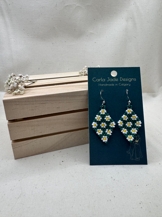 Flower Diamond Earrings - Green and White
