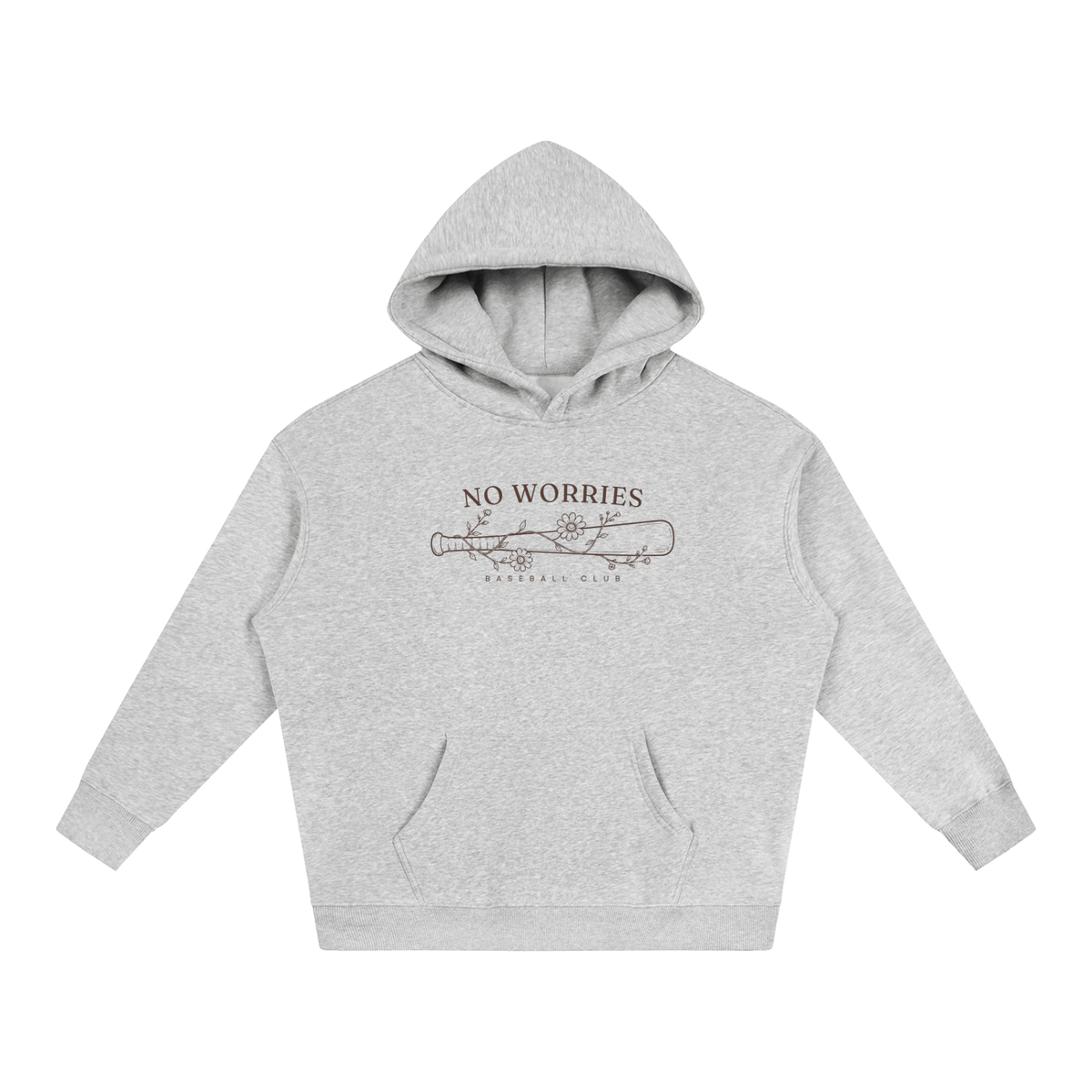No Worries Baseball Club oversized hoodie – Flower Gray hoodie with Espresso design, front view