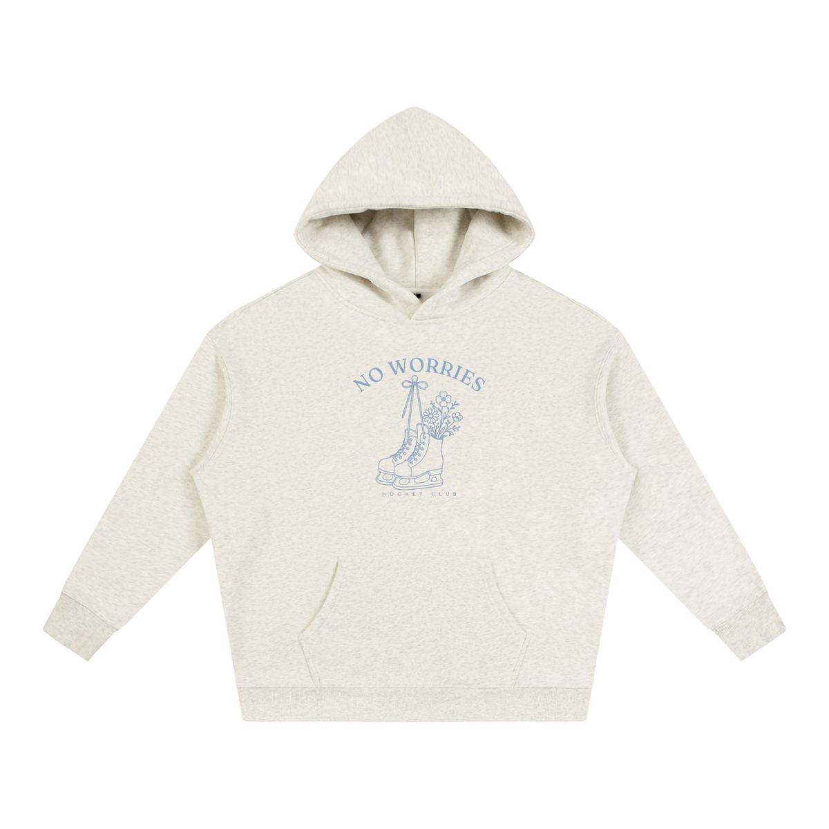 No Worries Hockey Club oversized hoodie – Oat Gray hoodie with Powder Blue design, front view