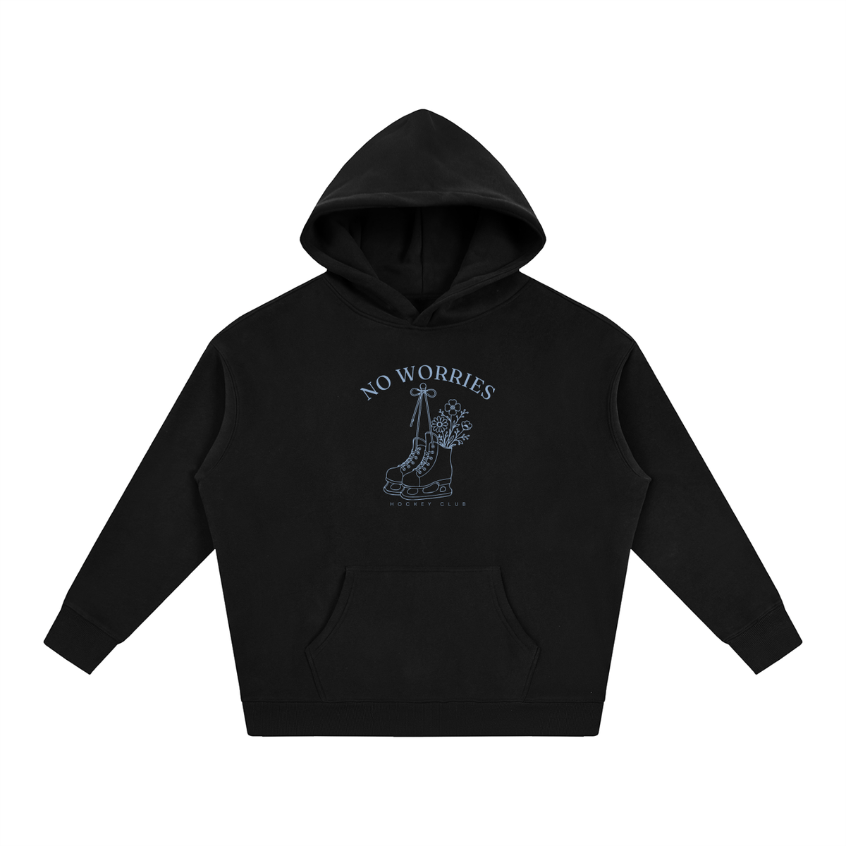 No Worries Hockey Club oversized hoodie – Black hoodie with Powder Blue design, front view