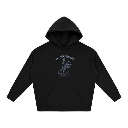 No Worries Hockey Club oversized hoodie – Black hoodie with Powder Blue design, front view