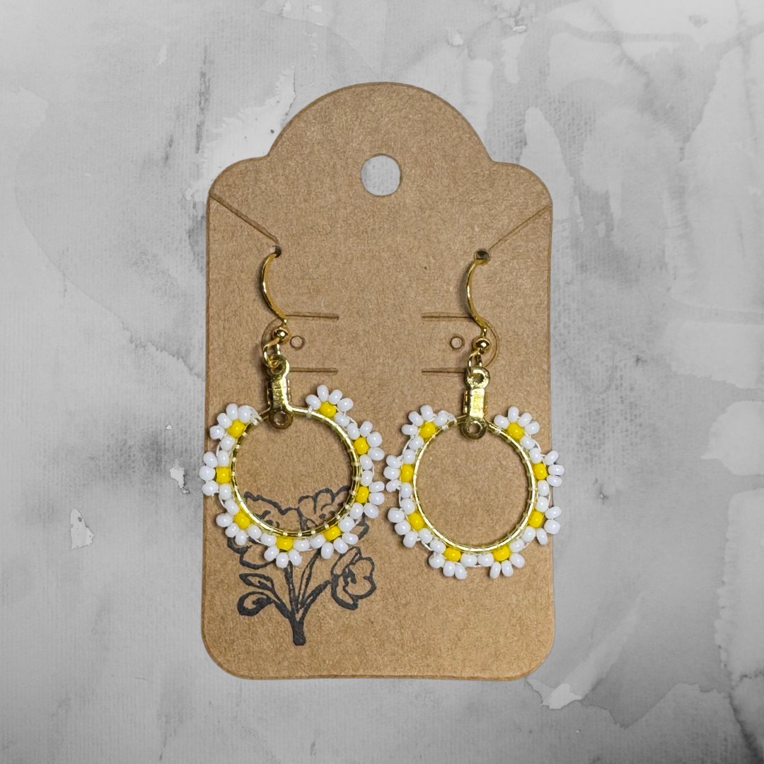 Flower Hoop Earrings - Yellow & White