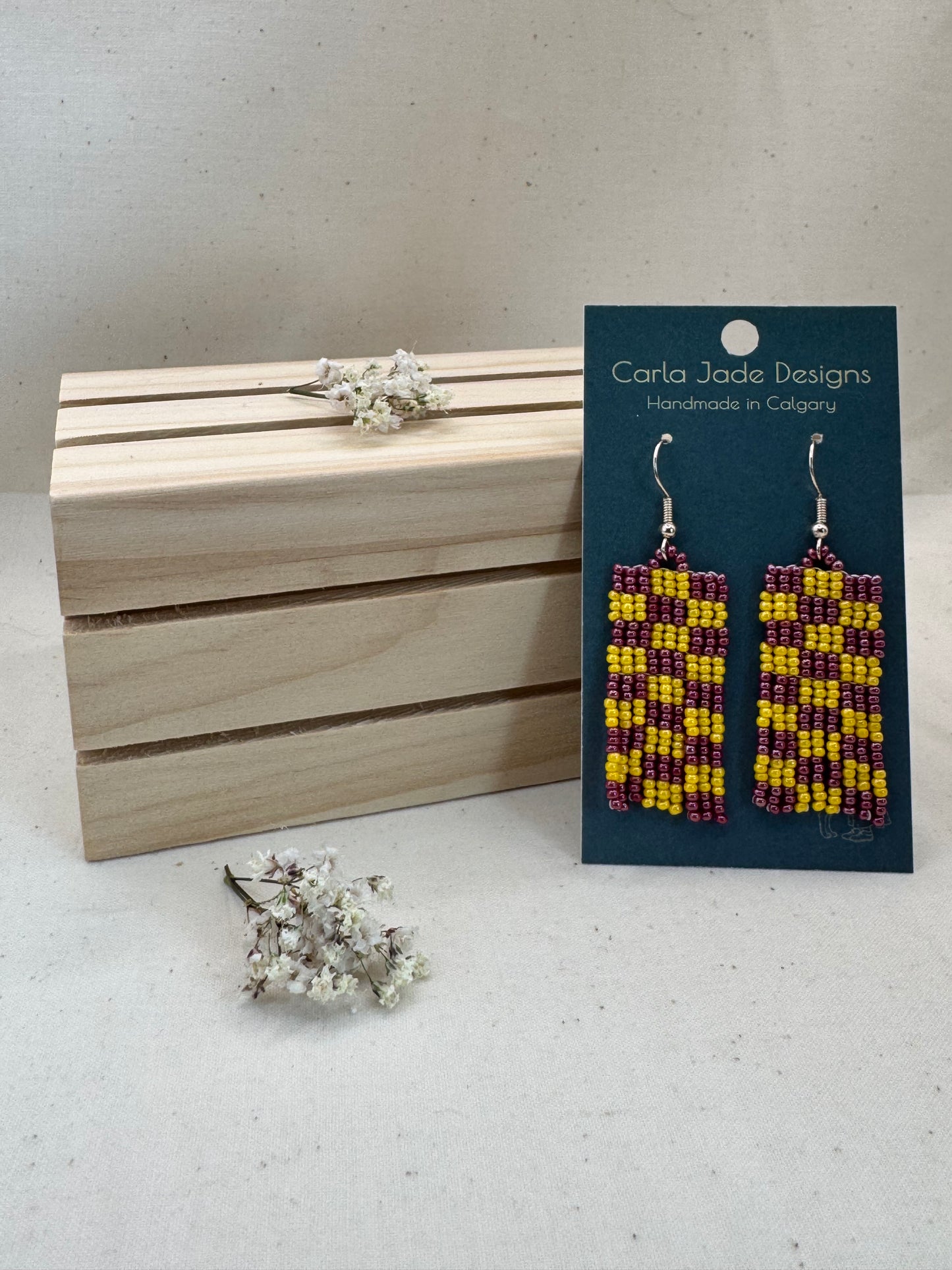 Checkered Earrings - Maroon and Yellow