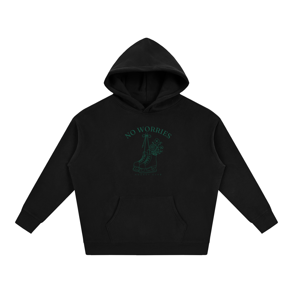 No Worries Hockey Club oversized hoodie – Black hoodie with Forest Green design, front view