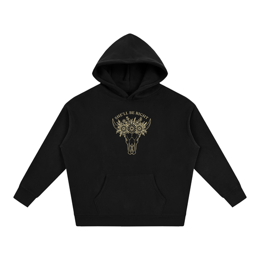 She’ll Be Right unisex oversized hoodie with buttercream artwork in Coffee – product view