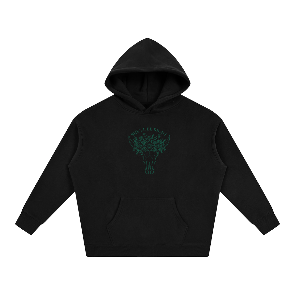 She’ll Be Right oversized hoodie – Black hoodie with Forest Green design, front view