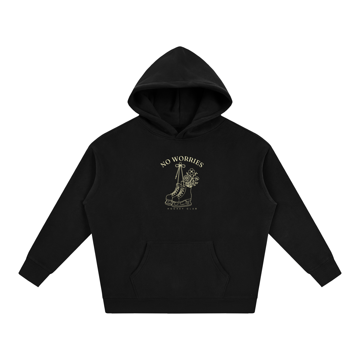 No Worries Hockey Club oversized hoodie – Black hoodie with Buttercream design, front view