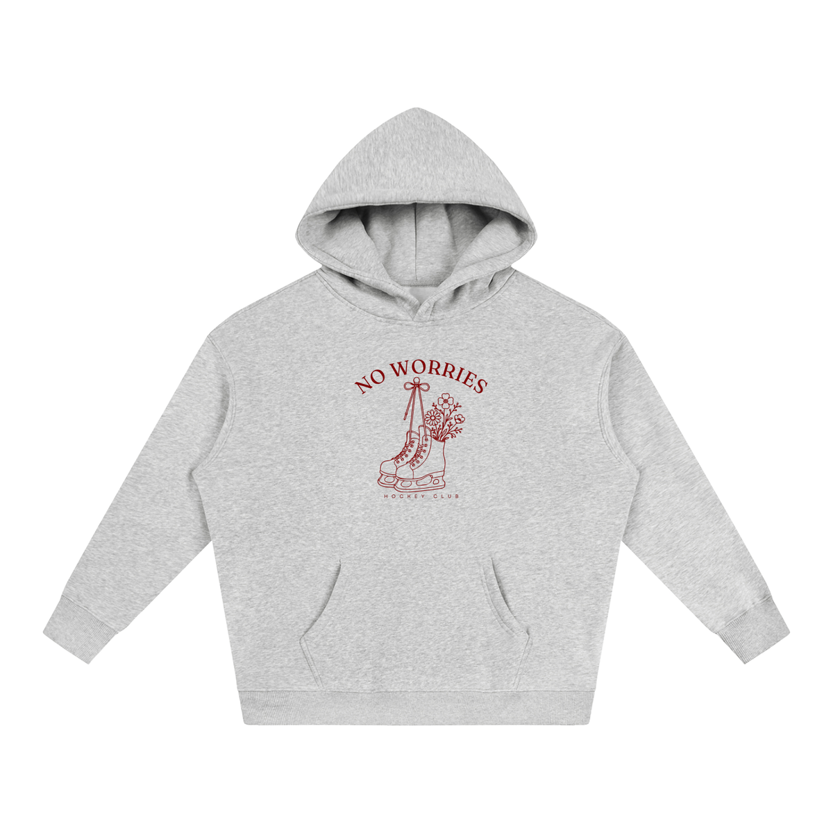 No Worries Hockey Club oversized hoodie – Flower Gray hoodie with Maroon design, front view