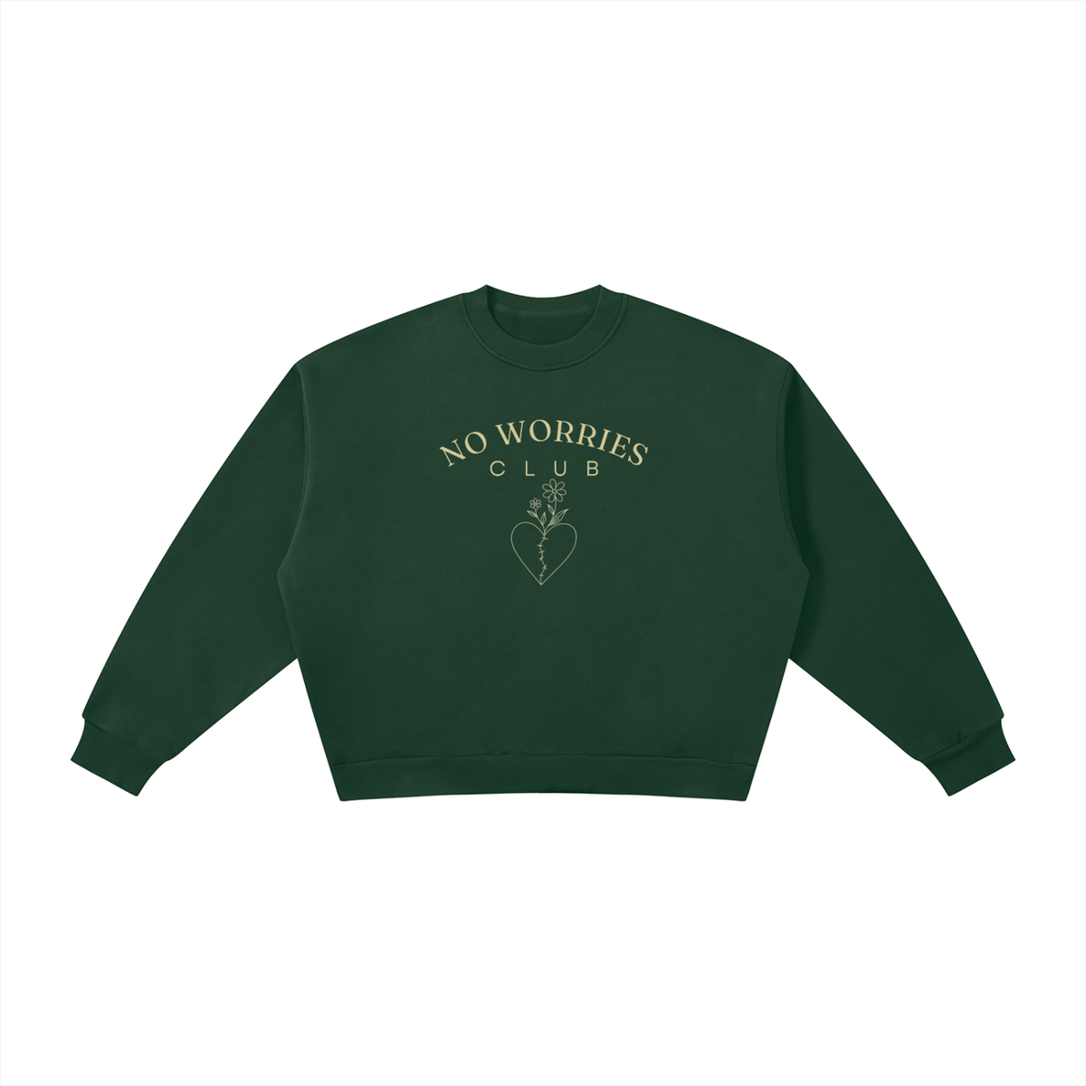 No Worries Club ladies’ oversized crewneck with buttercream artwork in Dark Green – front view