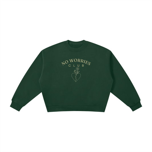 No Worries Club ladies’ oversized crewneck with buttercream artwork in Dark Green – front view