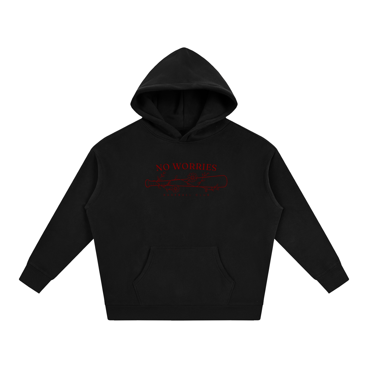 No Worries Baseball Club oversized hoodie – Black hoodie with Maroon design, front view