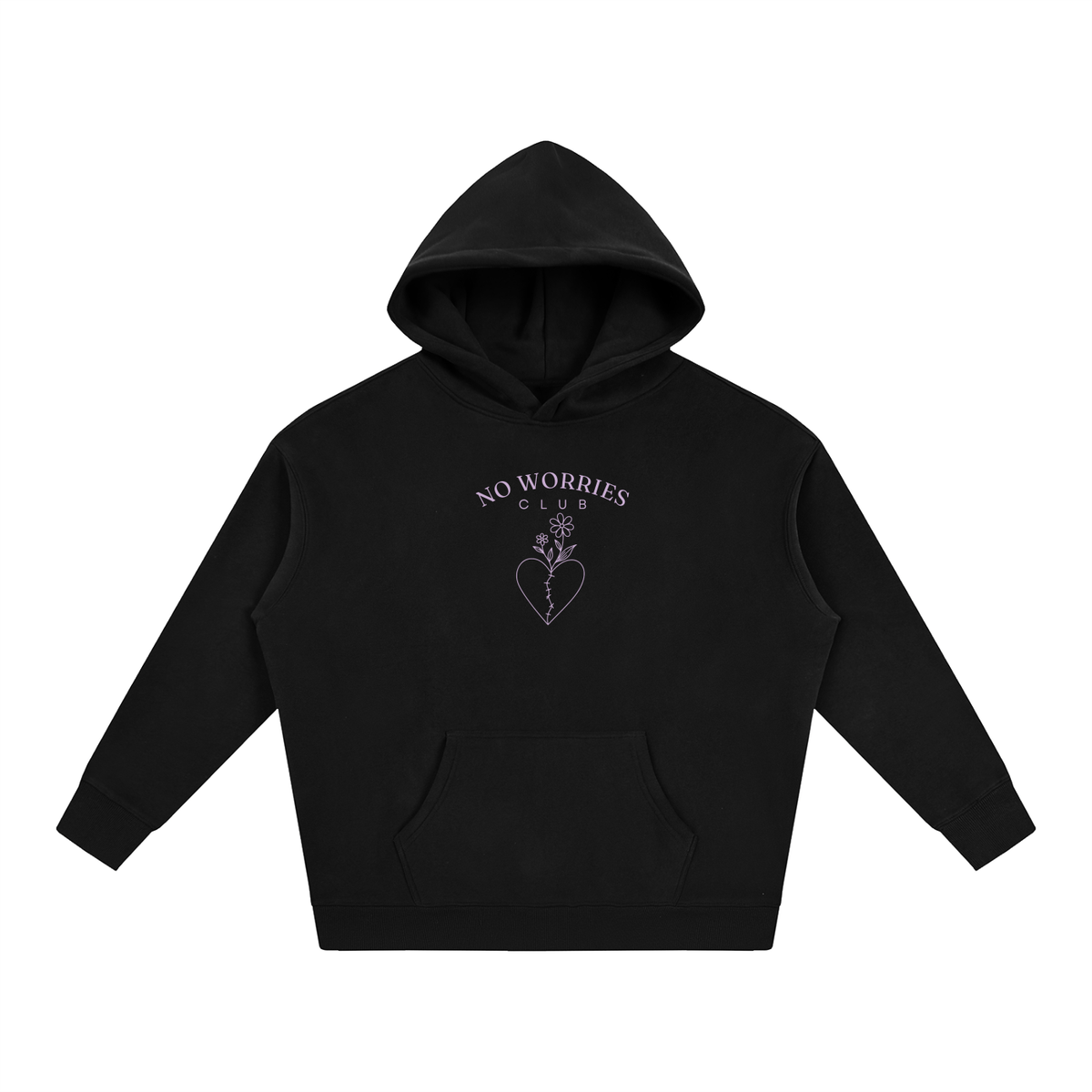 No Worries Club oversized hoodie – Black hoodie with Lilac design, front view
