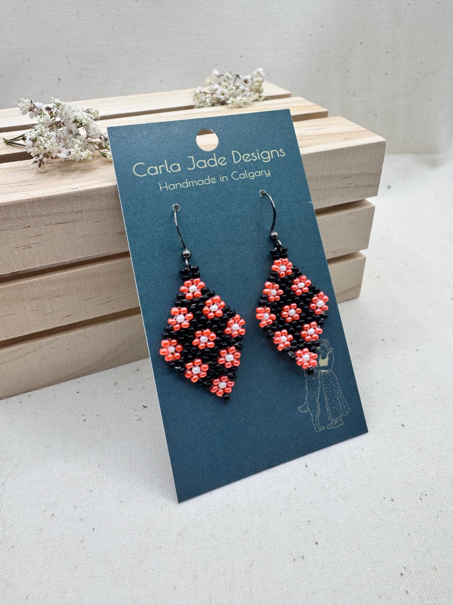 Flower Diamond Earrings - Orange and Black