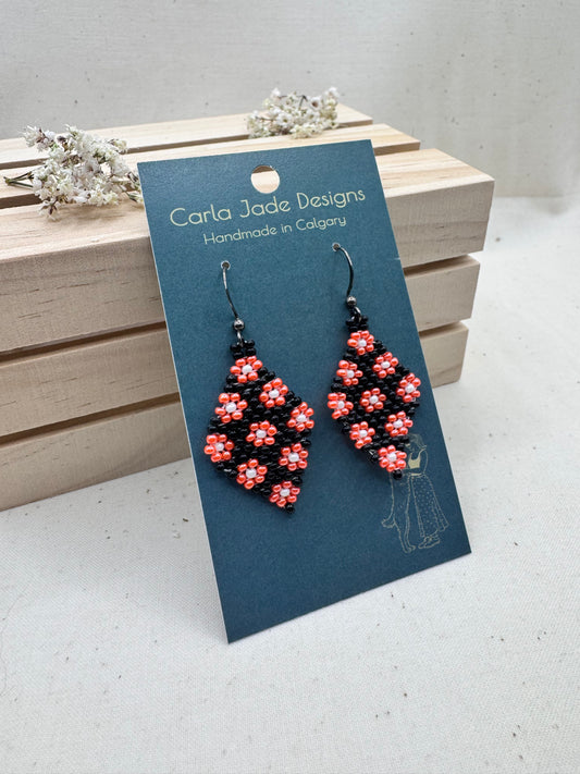Flower Diamond Earrings - Orange and Black