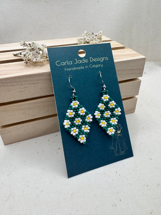 Flower Diamond Earrings - Green and White