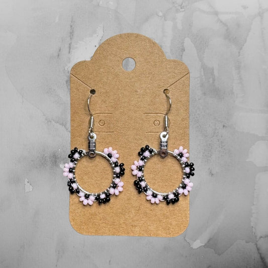 Flower Hoop Earrings - Black and Pink