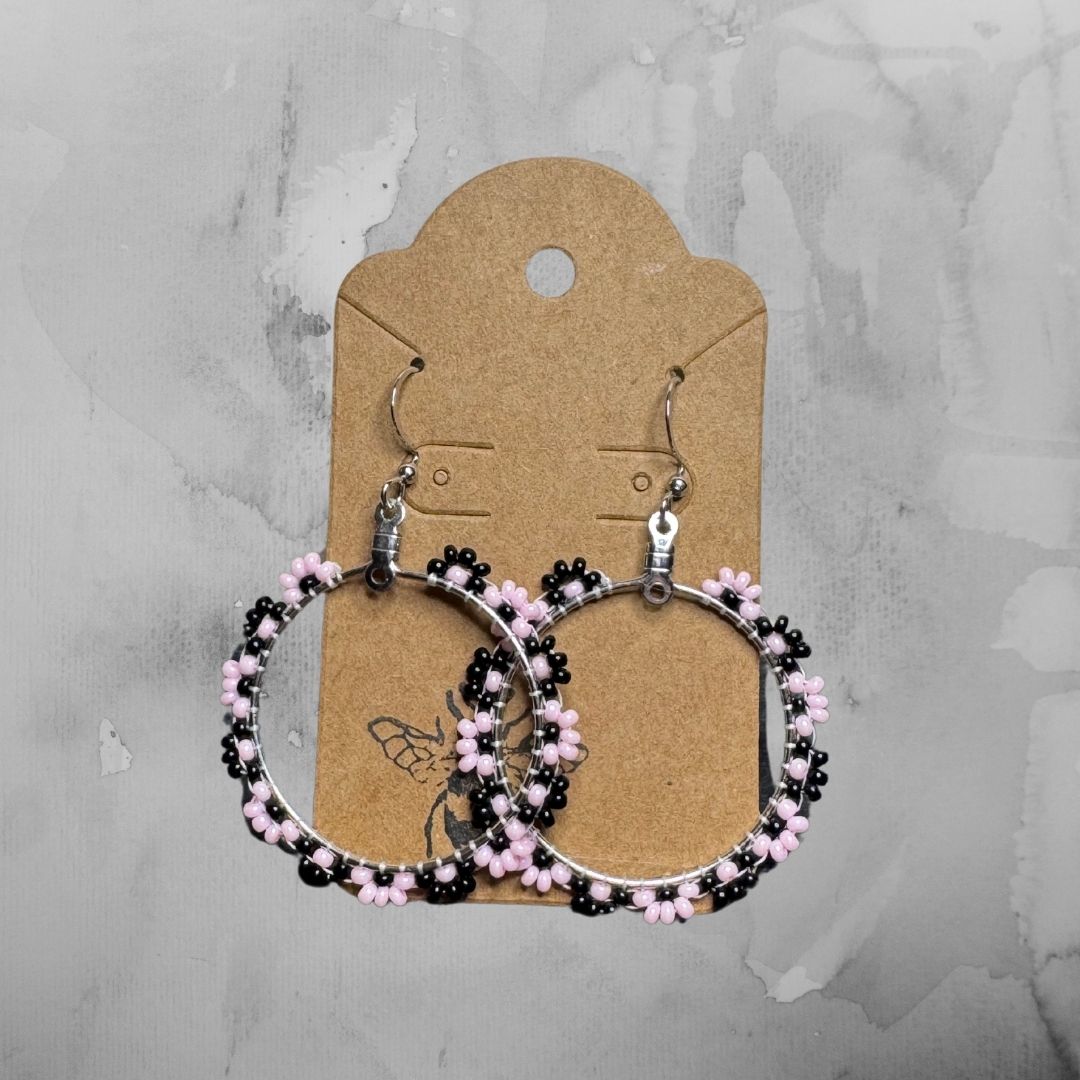 Flower Hoop Earrings - Black and Pink