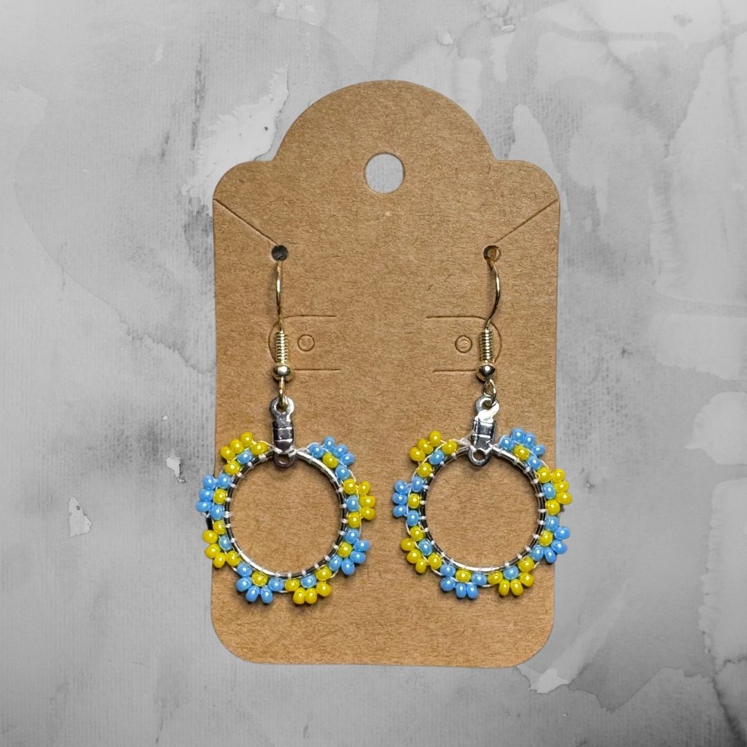 Flower Hoop Earrings - Blue and Yellow