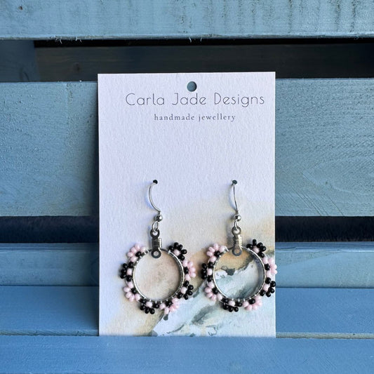Flower Hoop Earrings - Black and Pink