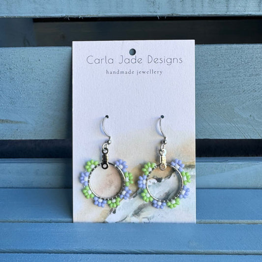 Flower Hoop Earrings - Green & Purple