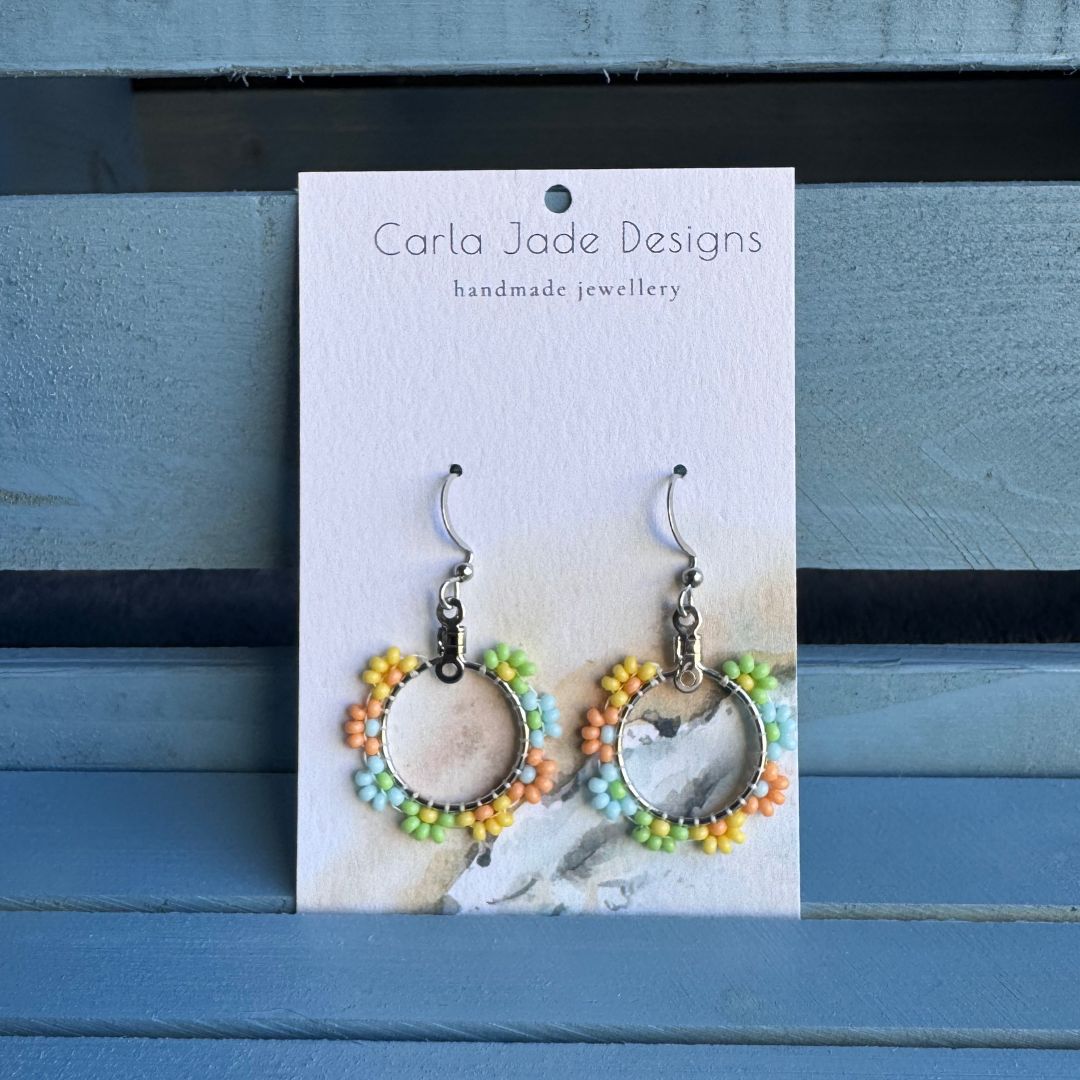 Flower Hoop Earrings - Blue, Orange, Yellow and Green