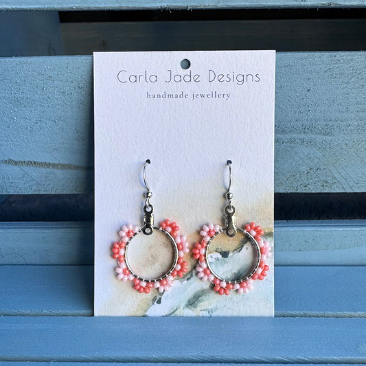 Flower Hoop Earrings - Orange and Pink
