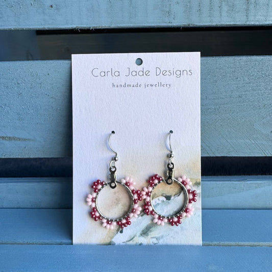 Flower Hoop Earrings - Pink & Maroon