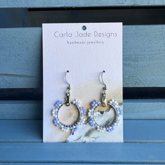 Flower Hoop Earrings - Purple & White